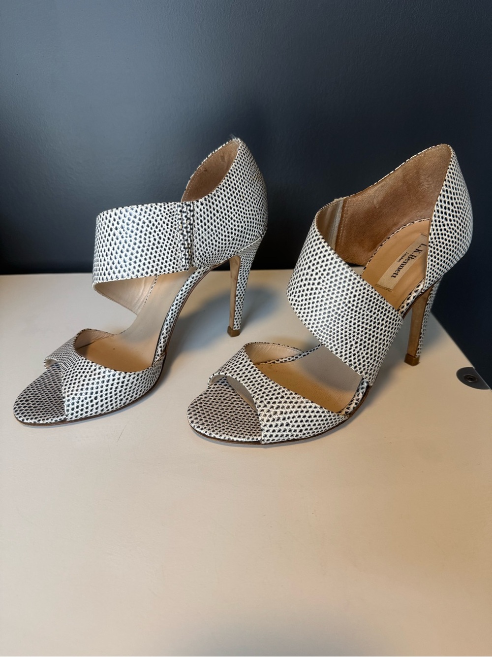 LK Bennett Italy Snake Print Leather Open Toe Stiletto Heels EU 39